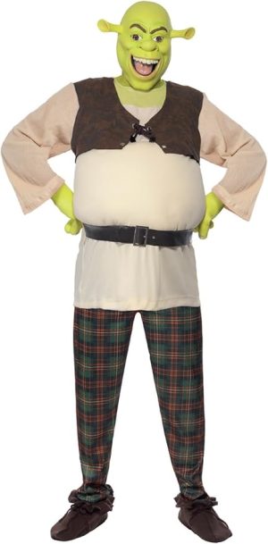 Strój Shrek dla dorosłych – zielony kostium ogra z maską, kamizelką, pasem i spodniami w kratę, rozmiar M i L