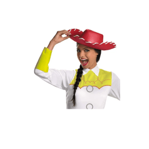 Kostium Jessie z Toy Story – strój kowbojki z kapeluszem i nadrukiem krowiej skóry, idealny na imprezy przebierane i przedstawienia