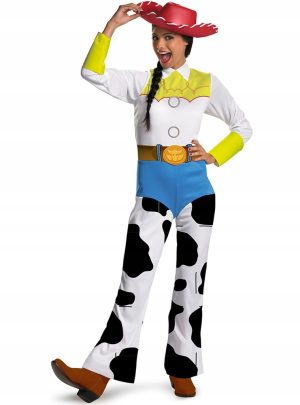 Kostium Jessie z Toy Story – strój kowbojki z kapeluszem i nadrukiem krowiej skóry, idealny na imprezy przebierane i przedstawienia