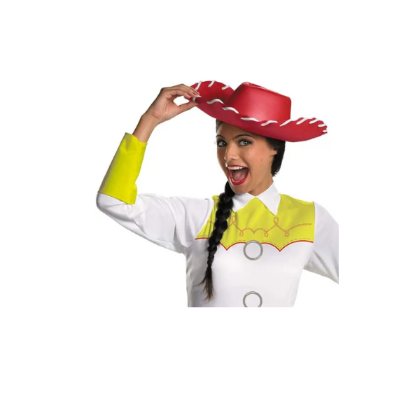 Kostium Jessie z Toy Story – strój kowbojki z kapeluszem i nadrukiem krowiej skóry, idealny na imprezy przebierane i przedstawienia