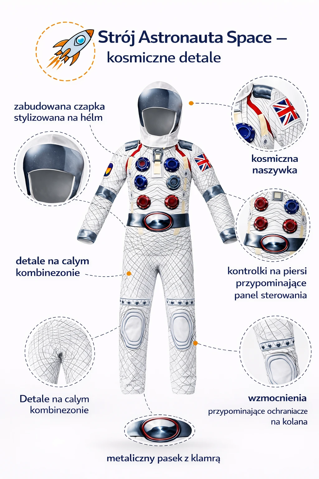 strój astronauta dla dziecka – biały kostium astronauty z naszywkami i czapką kosmiczną, wypożyczalnia Czas na Zabawę