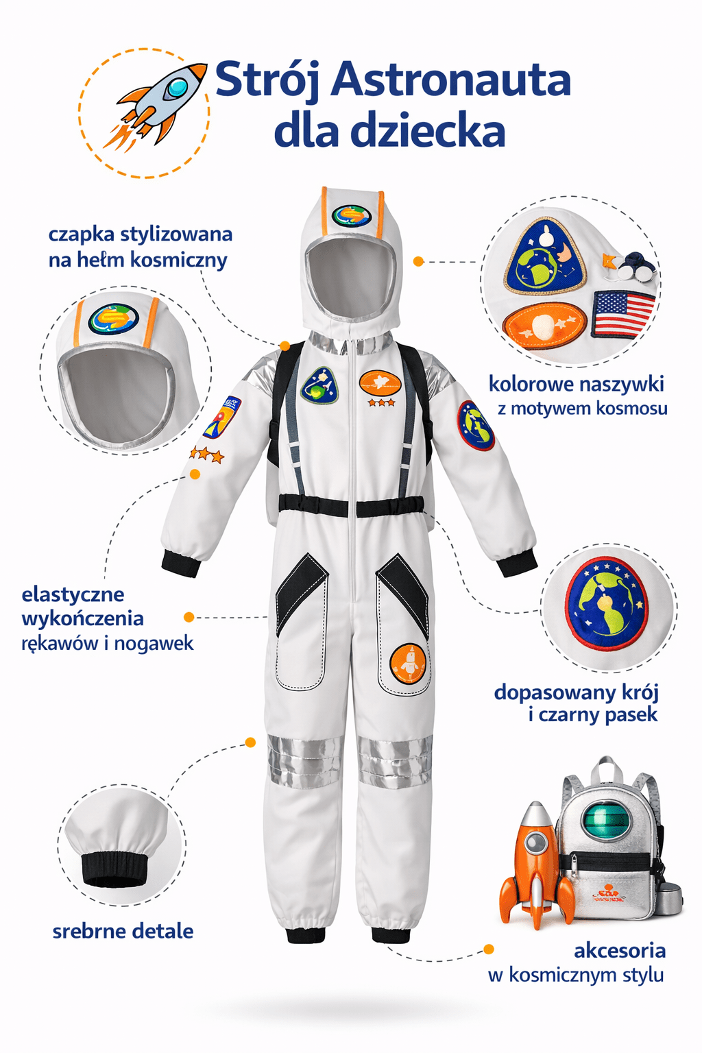 kostium astronauty dla dziecka biały kombinezon z naszywkami