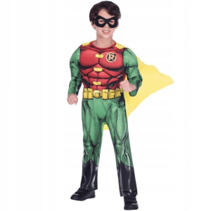 "Strój Robin DC dla dzieci w rozmiarze 6–8 lat, zielono-czerwony kostium z peleryną i maską"
